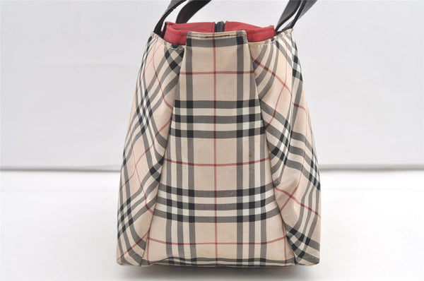 Authentic BURBERRY BLUELABEL Check Nylon Leather Tote Hand Bag Beige 0565K