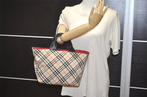 Authentic BURBERRY BLUELABEL Check Nylon Leather Tote Hand Bag Beige 0565K