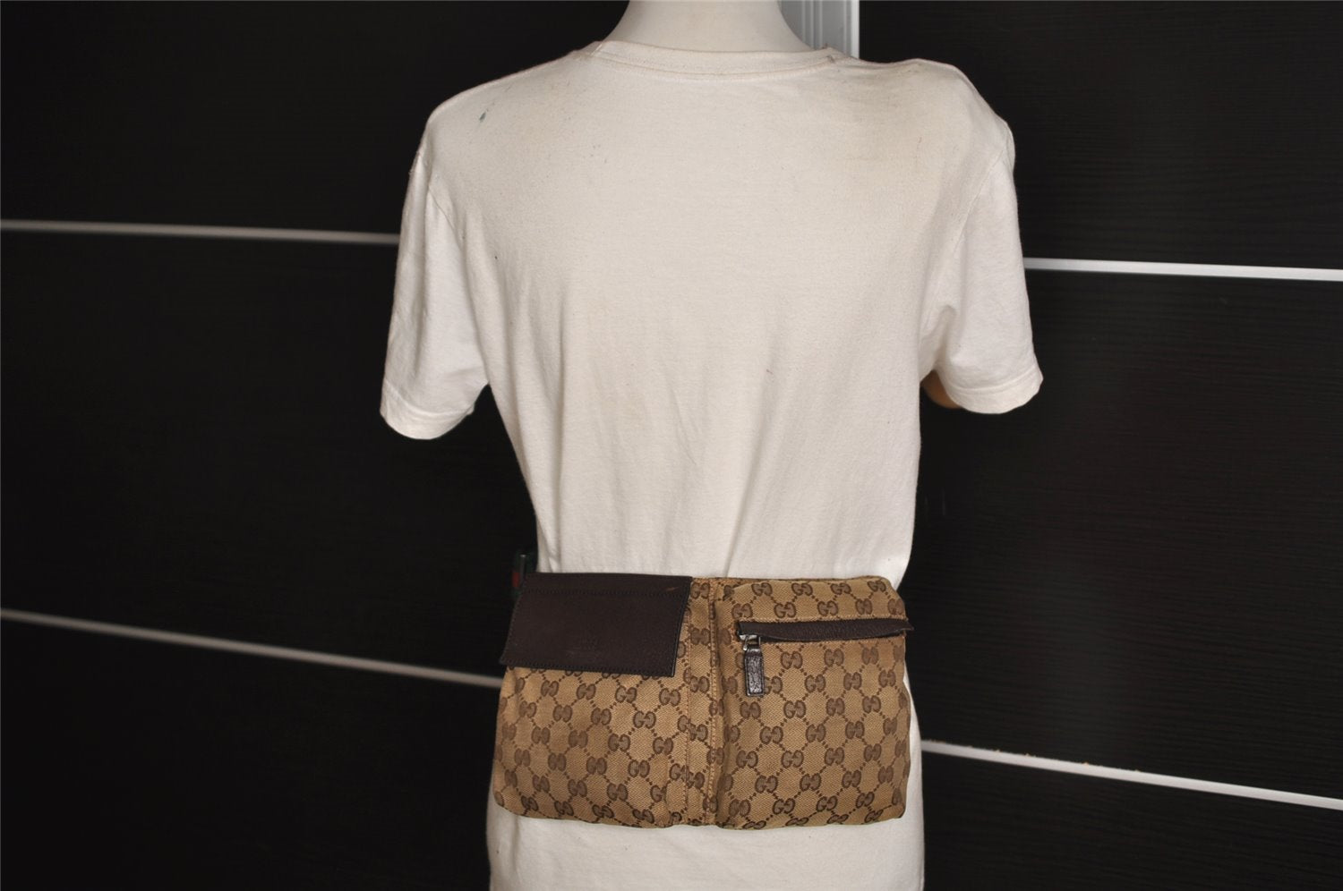 Authentic GUCCI Web Sherry Line Waist Bag GG Canvas Leather 28566 Brown 0568J