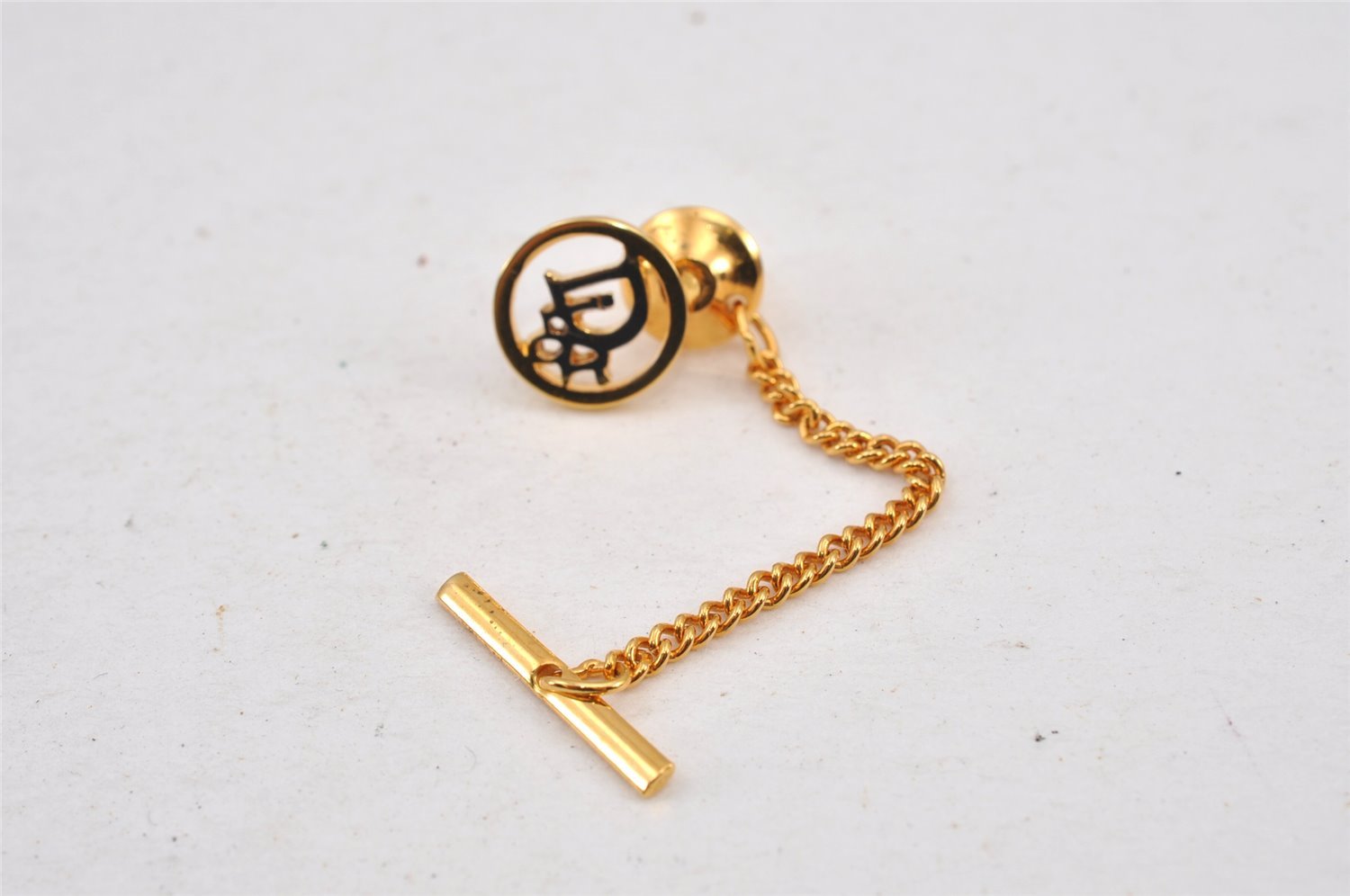 Authentic Christian Dior Logo Motif Chain Tie Tack Pin Gold Tone CD 0570K