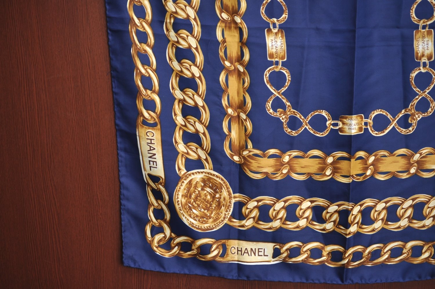 Authentic CHANEL Scarf Chain Motif CC Logo Silk Blue 0573I