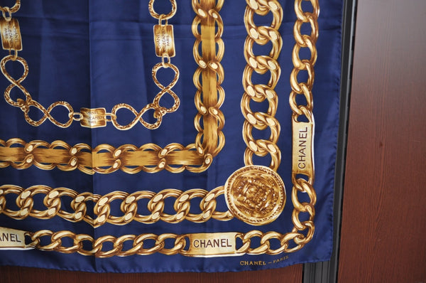 Authentic CHANEL Scarf Chain Motif CC Logo Silk Blue 0573I