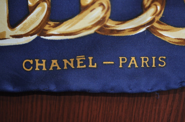 Authentic CHANEL Scarf Chain Motif CC Logo Silk Blue 0573I