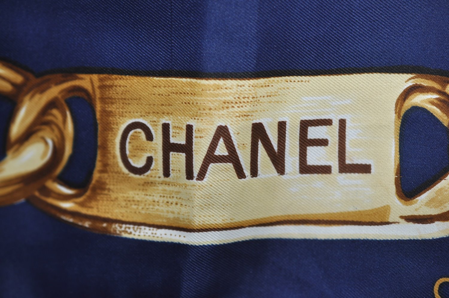 Authentic CHANEL Scarf Chain Motif CC Logo Silk Blue 0573I