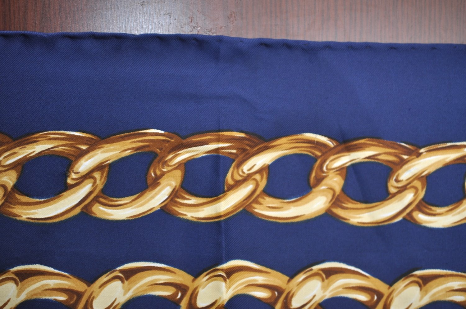 Authentic CHANEL Scarf Chain Motif CC Logo Silk Blue 0573I