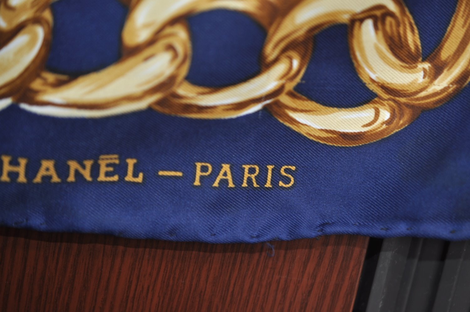 Authentic CHANEL Scarf Chain Motif CC Logo Silk Blue 0573I