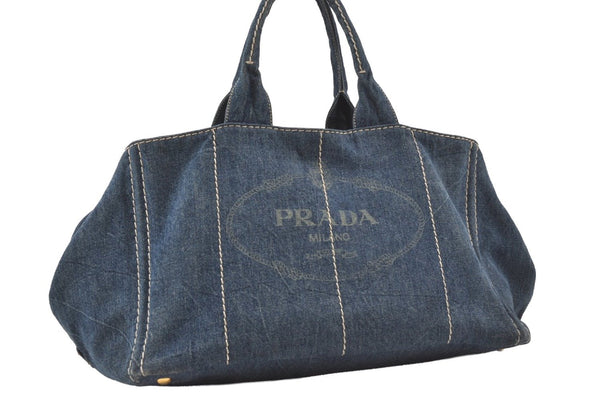 Authentic PRADA Canapa L Canvas Tote Hand Bag Denim Blue 0574J