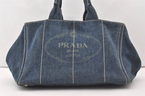 Authentic PRADA Canapa L Canvas Tote Hand Bag Denim Blue 0574J