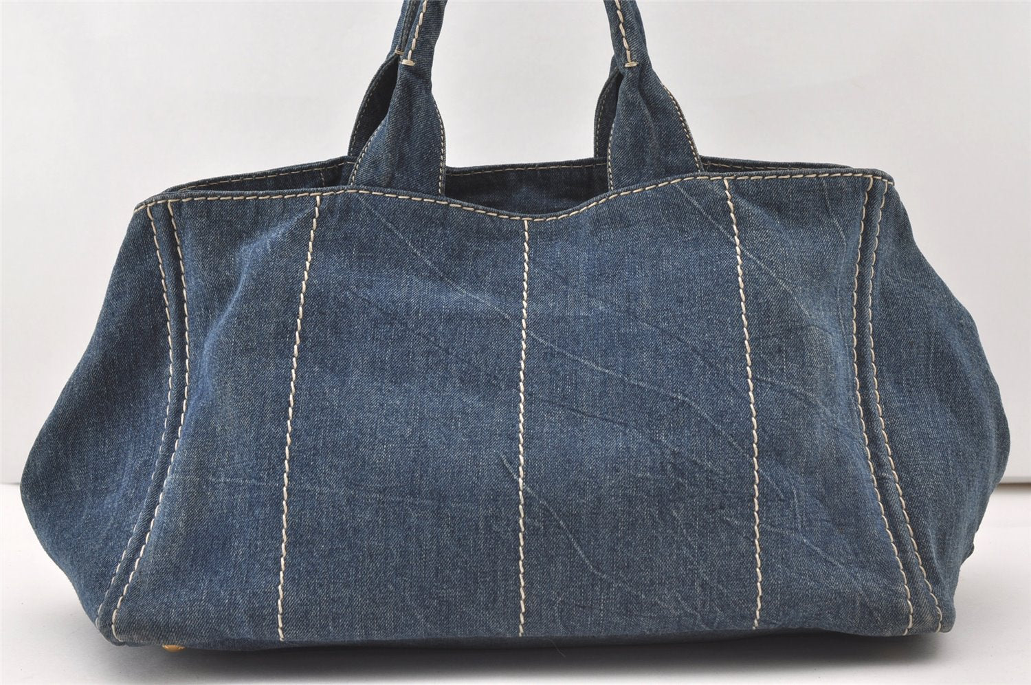 Authentic PRADA Canapa L Canvas Tote Hand Bag Denim Blue 0574J