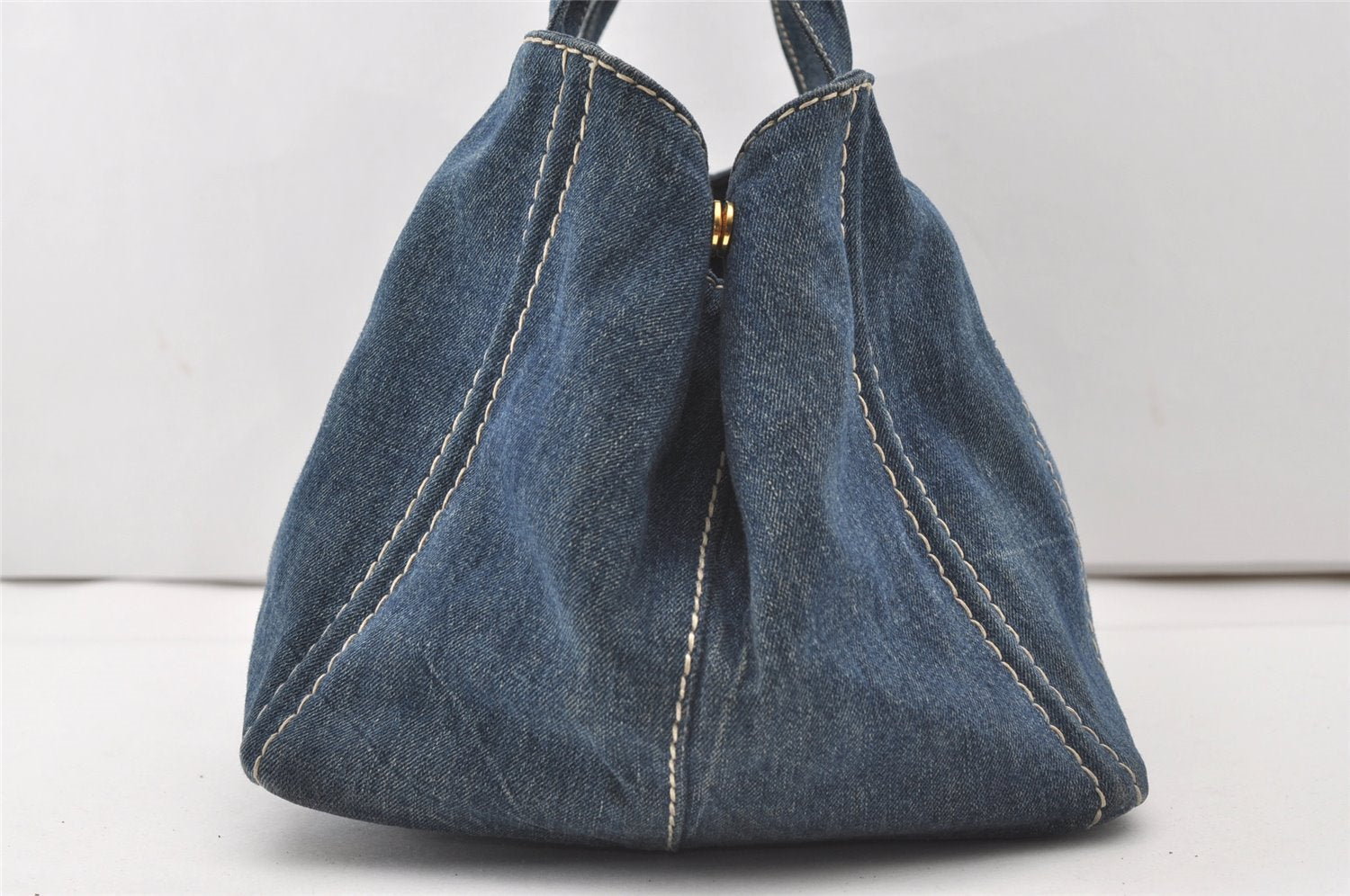 Authentic PRADA Canapa L Canvas Tote Hand Bag Denim Blue 0574J