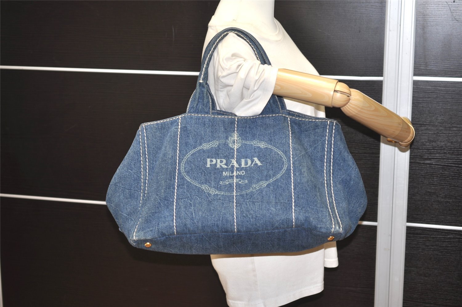 Authentic PRADA Canapa L Canvas Tote Hand Bag Denim Blue 0574J