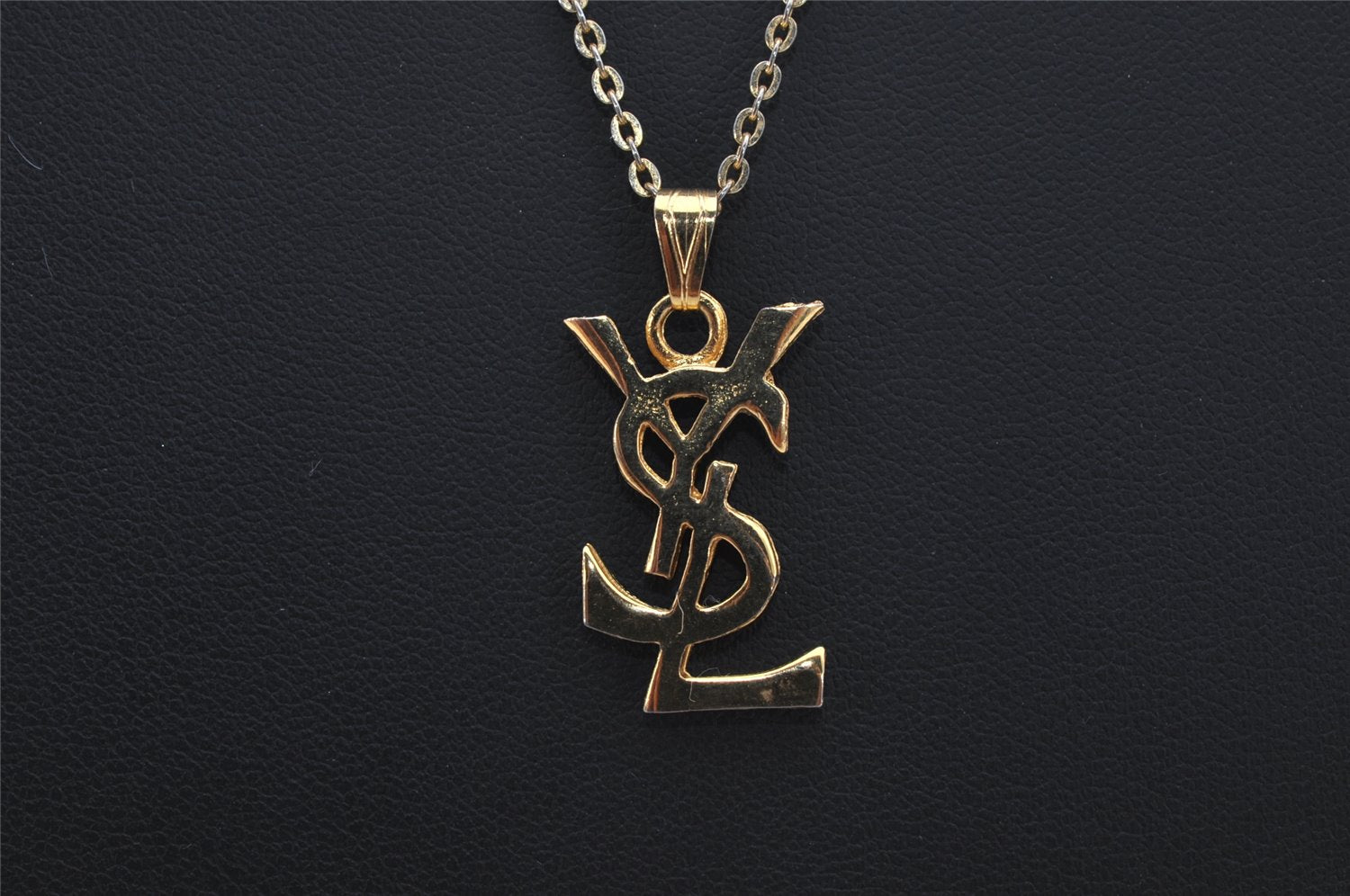 Authentic YVES SAINT LAURENT Logo Motif Necklace Chain Pendant Gold 0579K