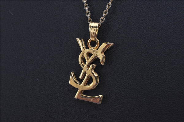 Authentic YVES SAINT LAURENT Logo Motif Necklace Chain Pendant Gold 0579K