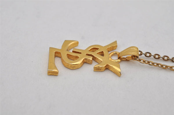 Authentic YVES SAINT LAURENT Logo Motif Necklace Chain Pendant Gold 0579K