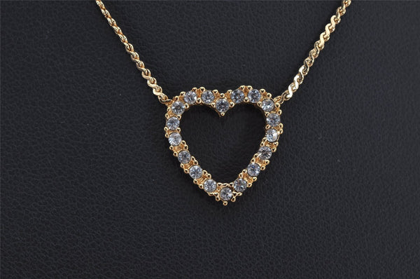 Authentic Christian Dior Gold Tone Rhinestone Heart Chain Pendant Necklace 0580K