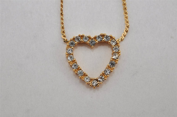 Authentic Christian Dior Gold Tone Rhinestone Heart Chain Pendant Necklace 0580K