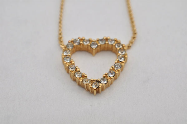 Authentic Christian Dior Gold Tone Rhinestone Heart Chain Pendant Necklace 0580K