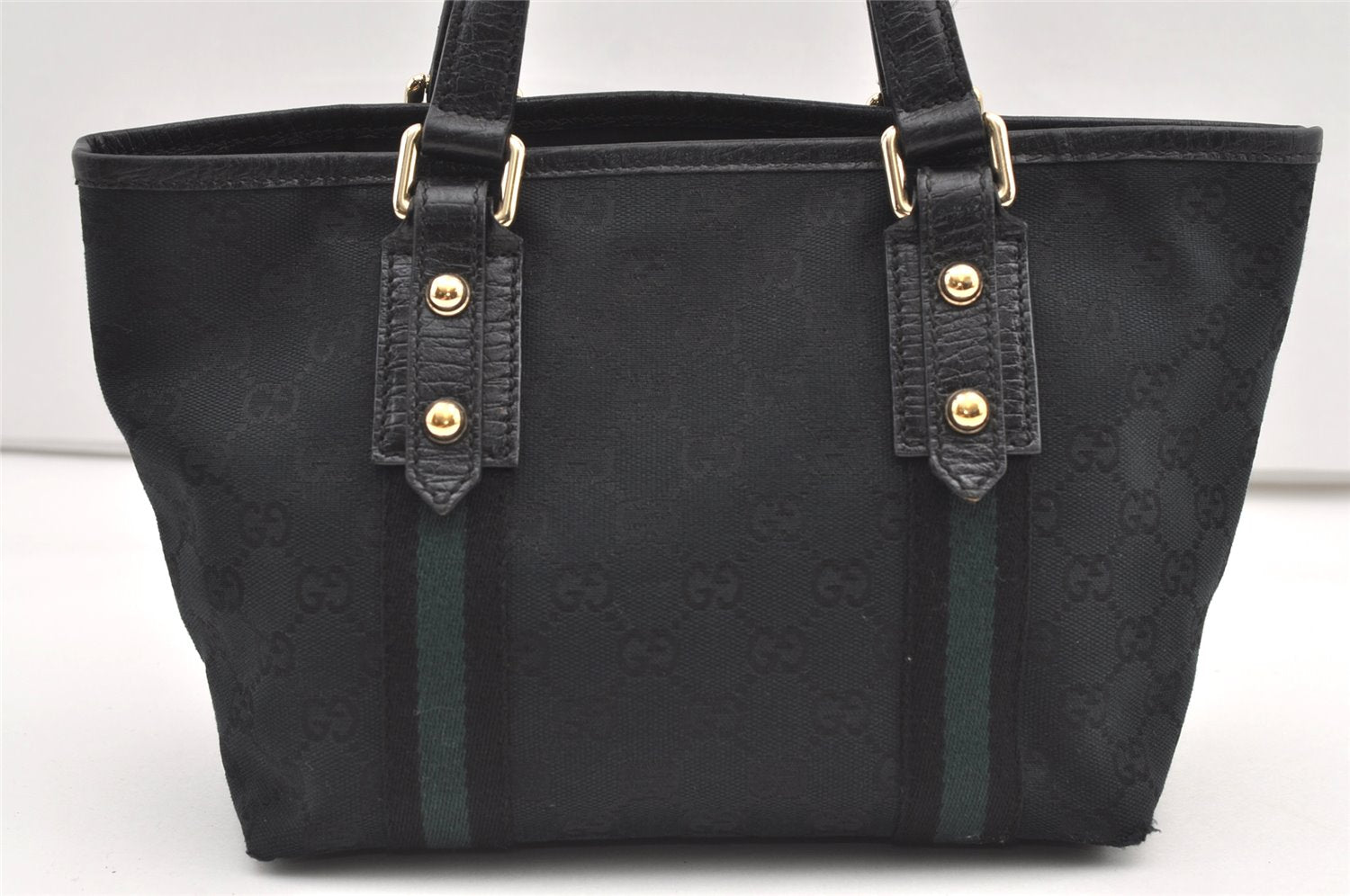 Authentic GUCCI Sherry Line Hand Tote Bag GG Canvas Leather 139261 Navy 0589K