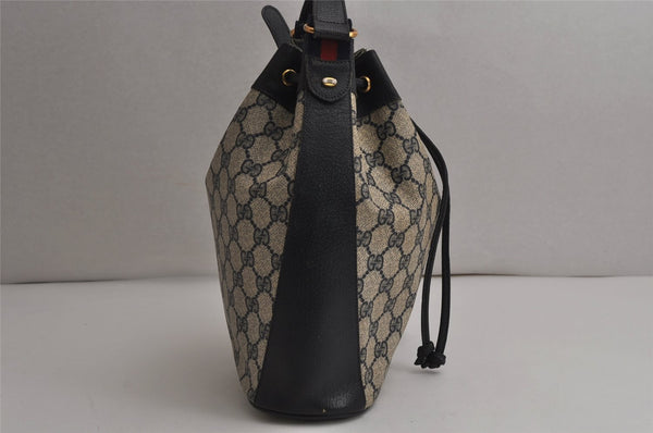 Authentic GUCCI Sherry Line Drawstring Bag GG PVC Leather Navy Junk 0599K