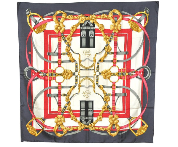 Authentic HERMES Carre 90 Scarf "Crano Manege" Silk Navy 0601K