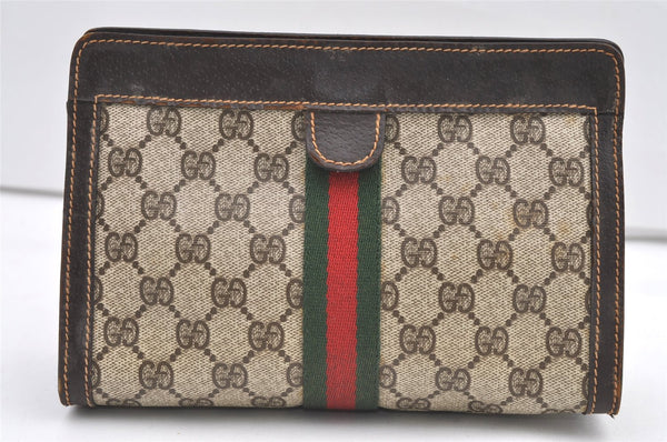 Authentic GUCCI Web Sherry Line Clutch Hand Bag GG PVC Leather Brown Junk 0603K