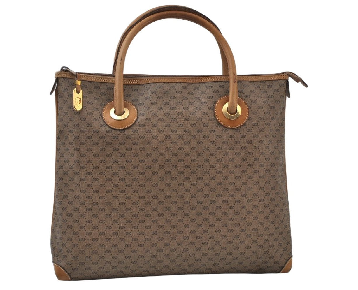 Authentic GUCCI Micro GG Vintage PVC Leather Tote Hand Bag Brown 0612I