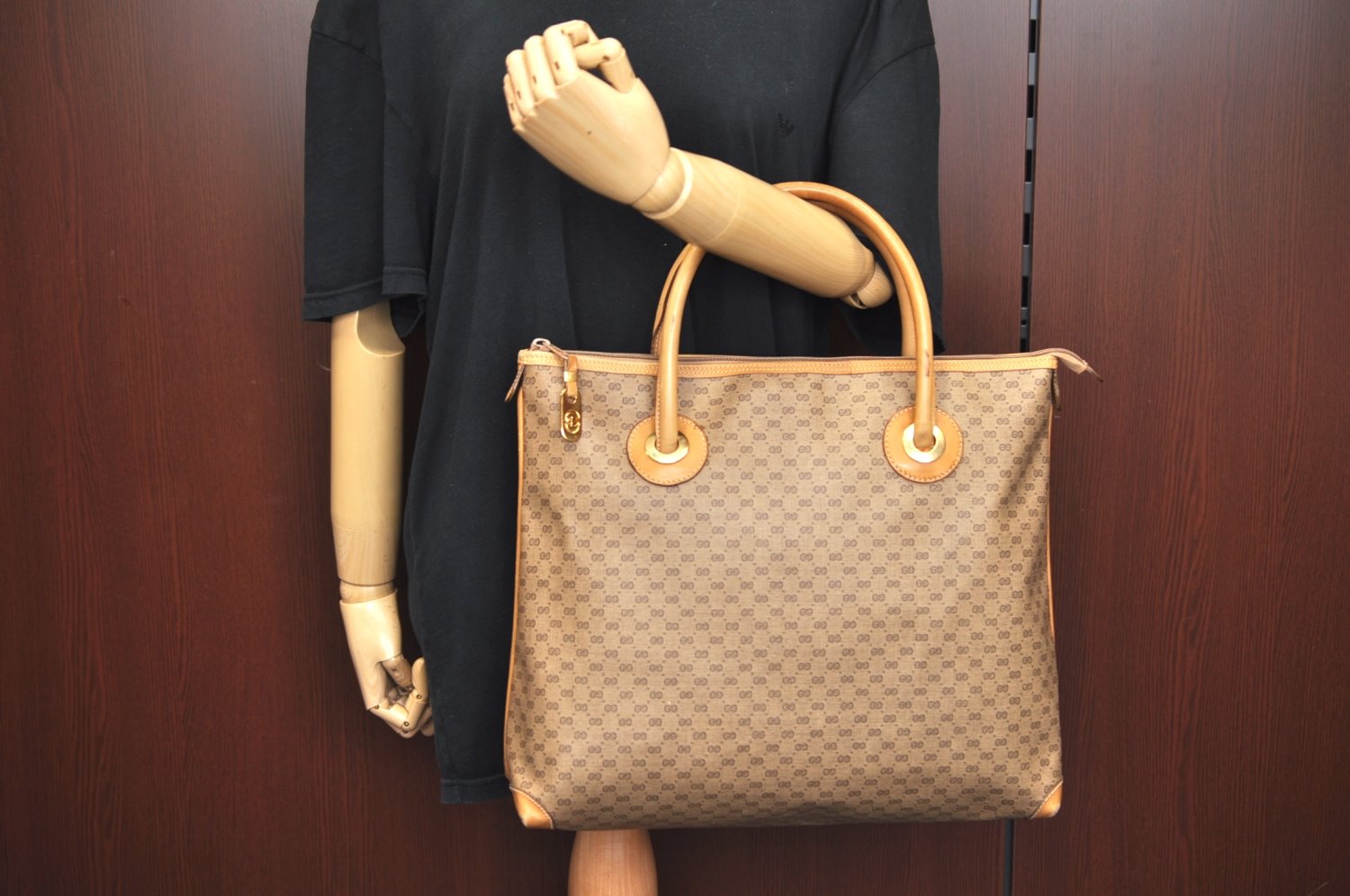 Authentic GUCCI Micro GG Vintage PVC Leather Tote Hand Bag Brown 0612I