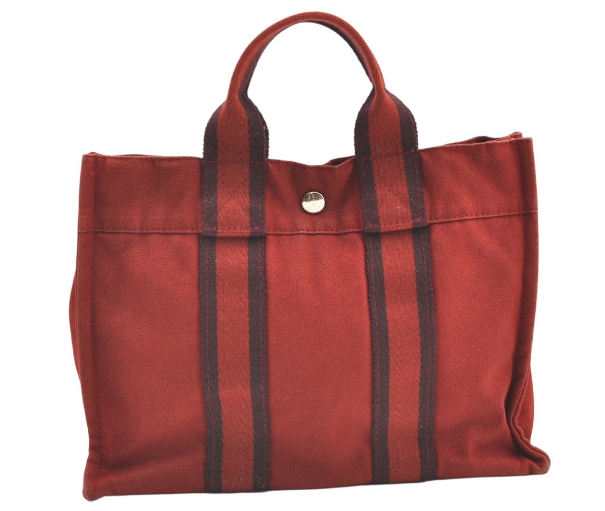 Authentic HERMES Vintage Fourre Tout PM Hand Tote Bag Canvas Red 0619K