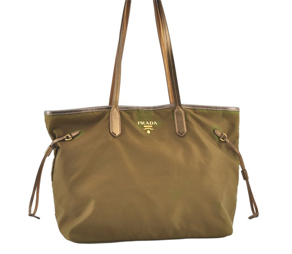 Authentic PRADA Nylon Leather Shoulder Tote Bag Khaki 0620K