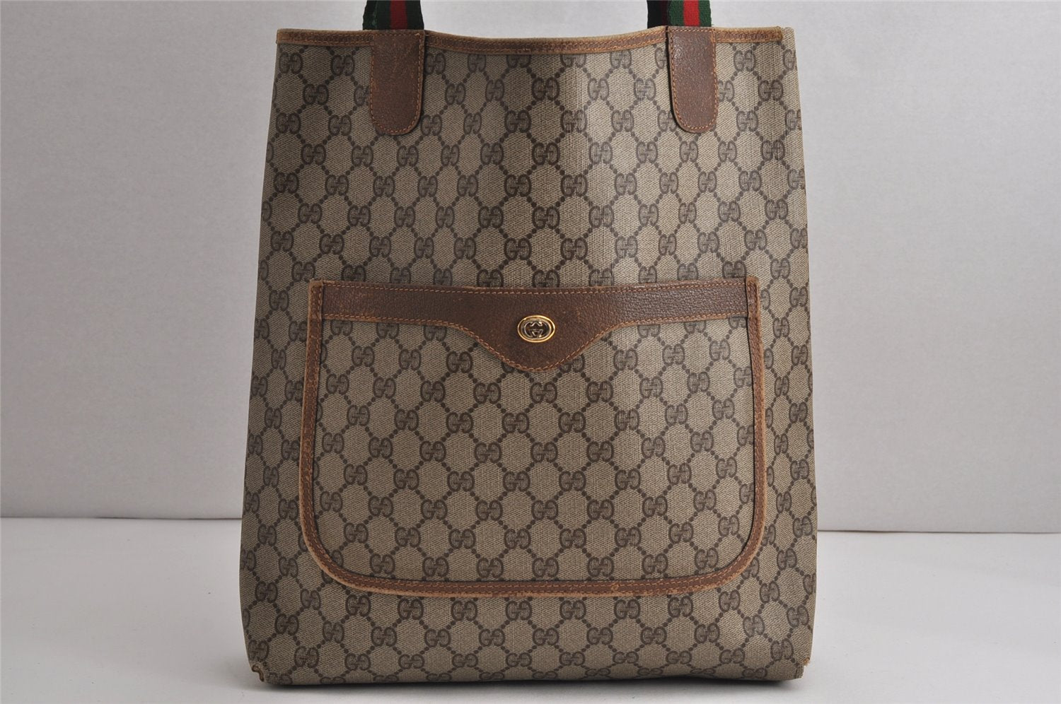 Authentic GUCCI Web Sherry Line Shoulder Tote Bag GG PVC Leather Brown 0622K
