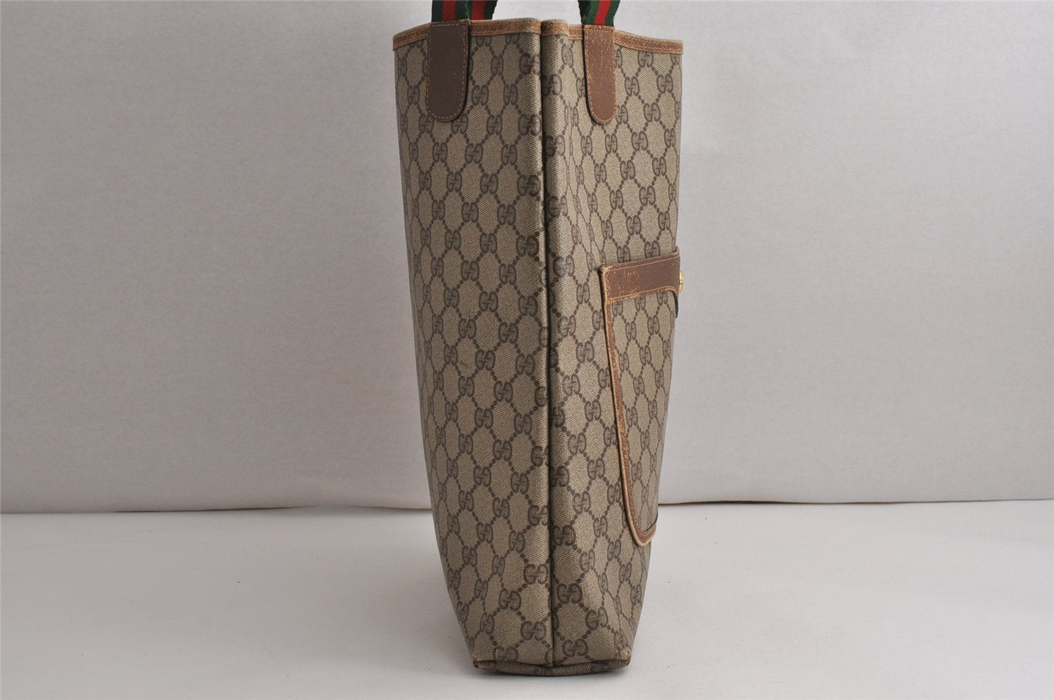 Authentic GUCCI Web Sherry Line Shoulder Tote Bag GG PVC Leather Brown 0622K