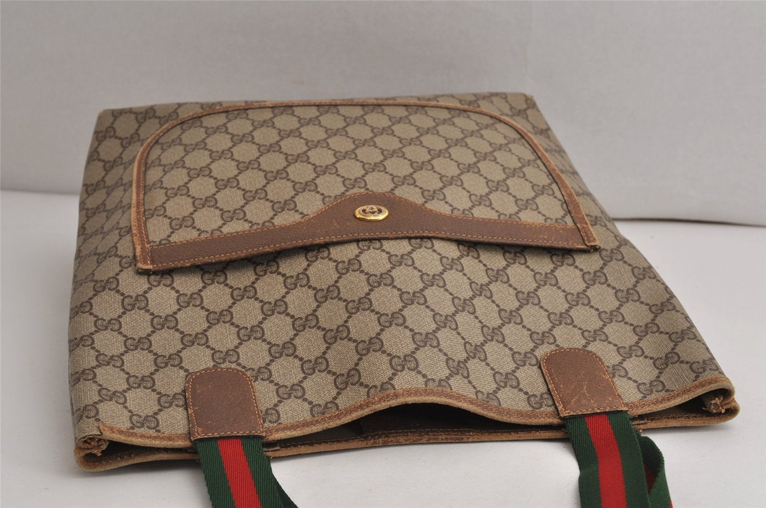 Authentic GUCCI Web Sherry Line Shoulder Tote Bag GG PVC Leather Brown 0622K