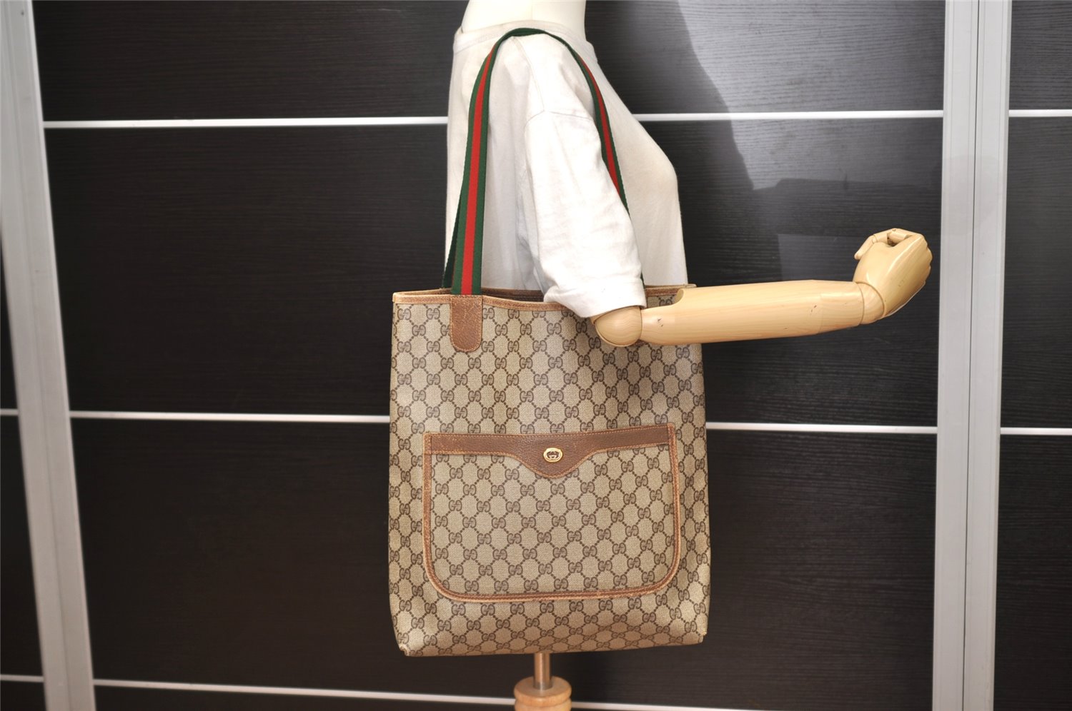 Authentic GUCCI Web Sherry Line Shoulder Tote Bag GG PVC Leather Brown 0622K