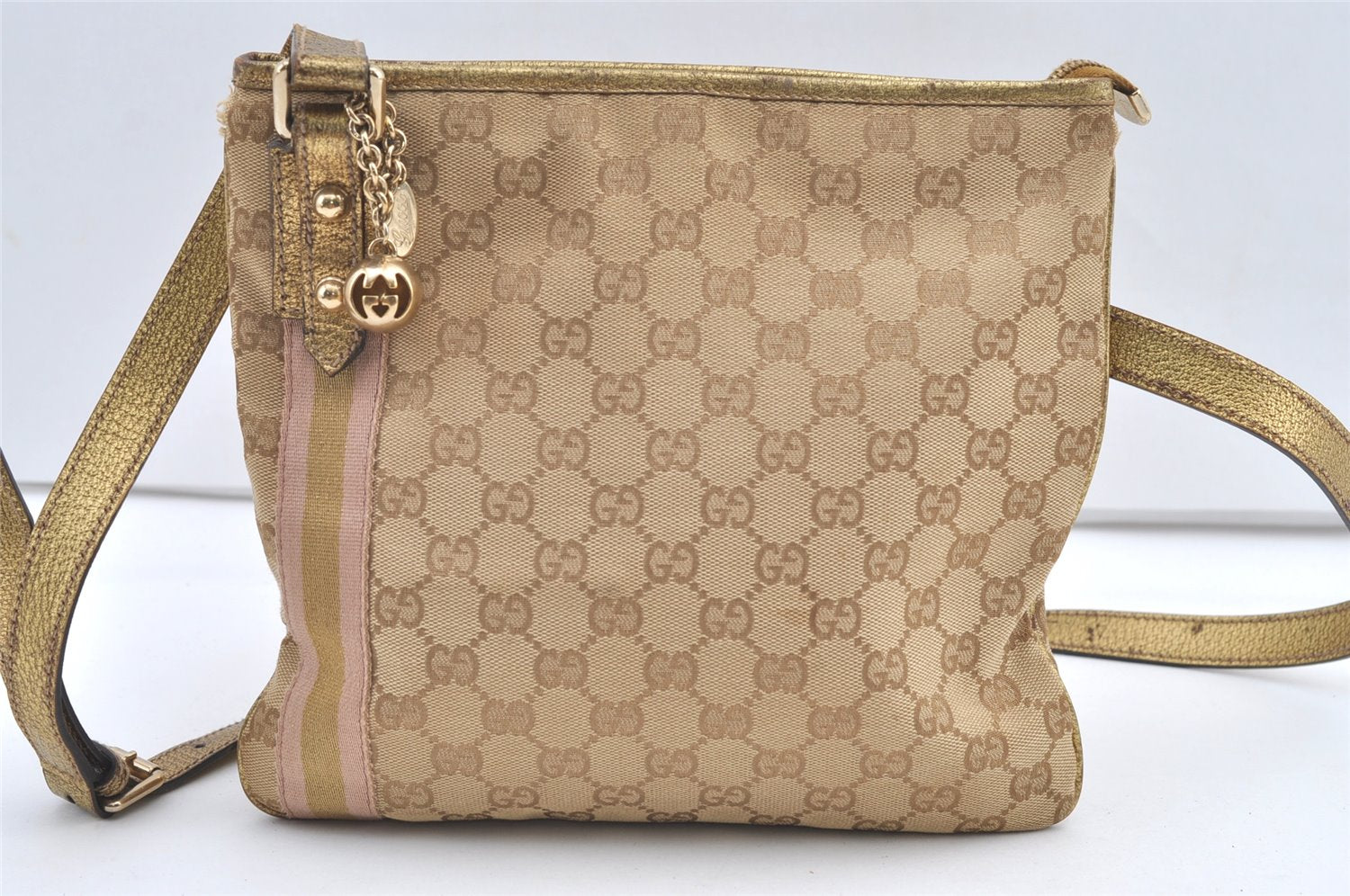 Authentic GUCCI Sherry Line Shoulder Bag GG Canvas Leather 144388 Beige 0625K