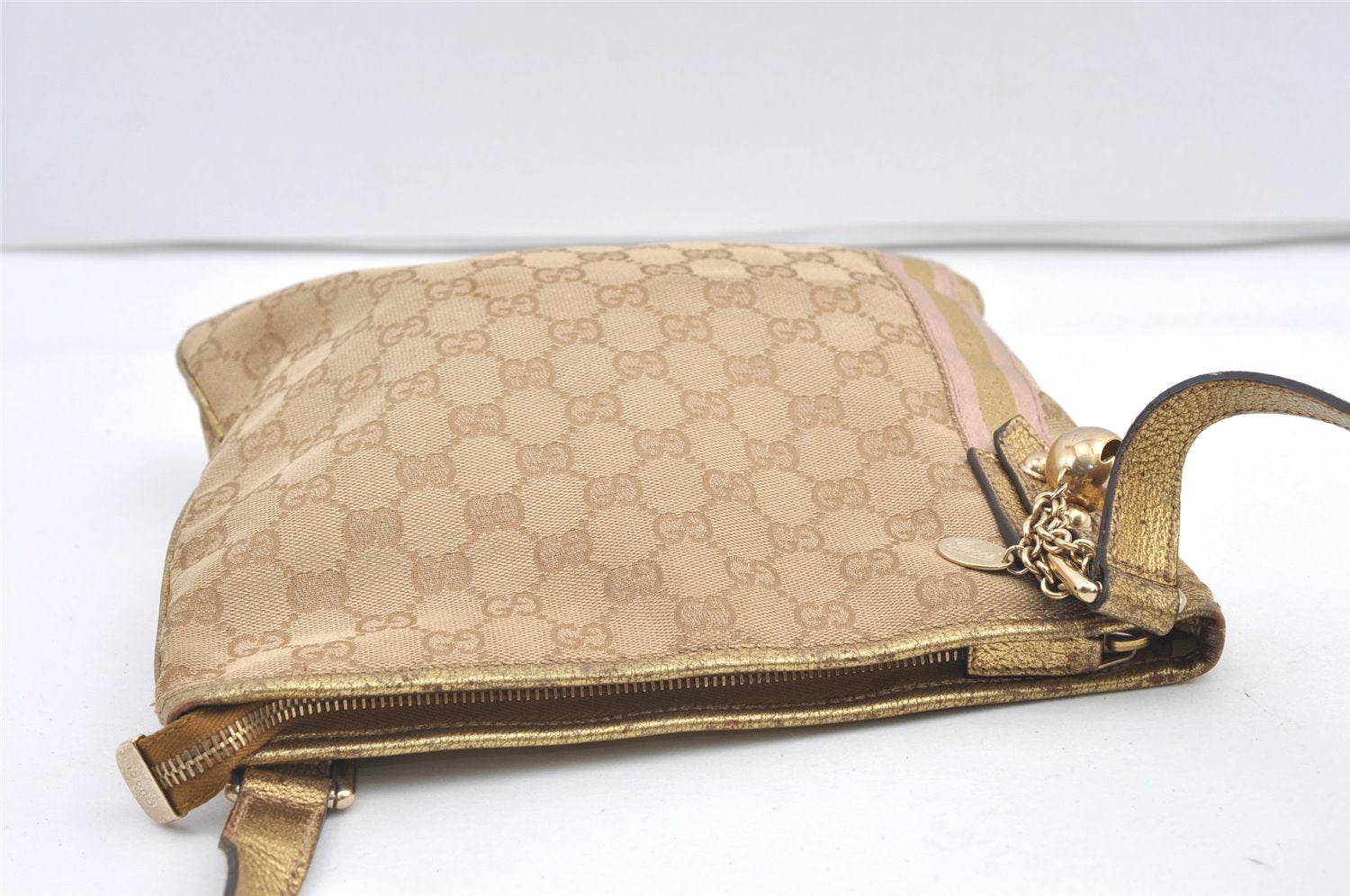 Authentic GUCCI Sherry Line Shoulder Bag GG Canvas Leather 144388 Beige 0625K