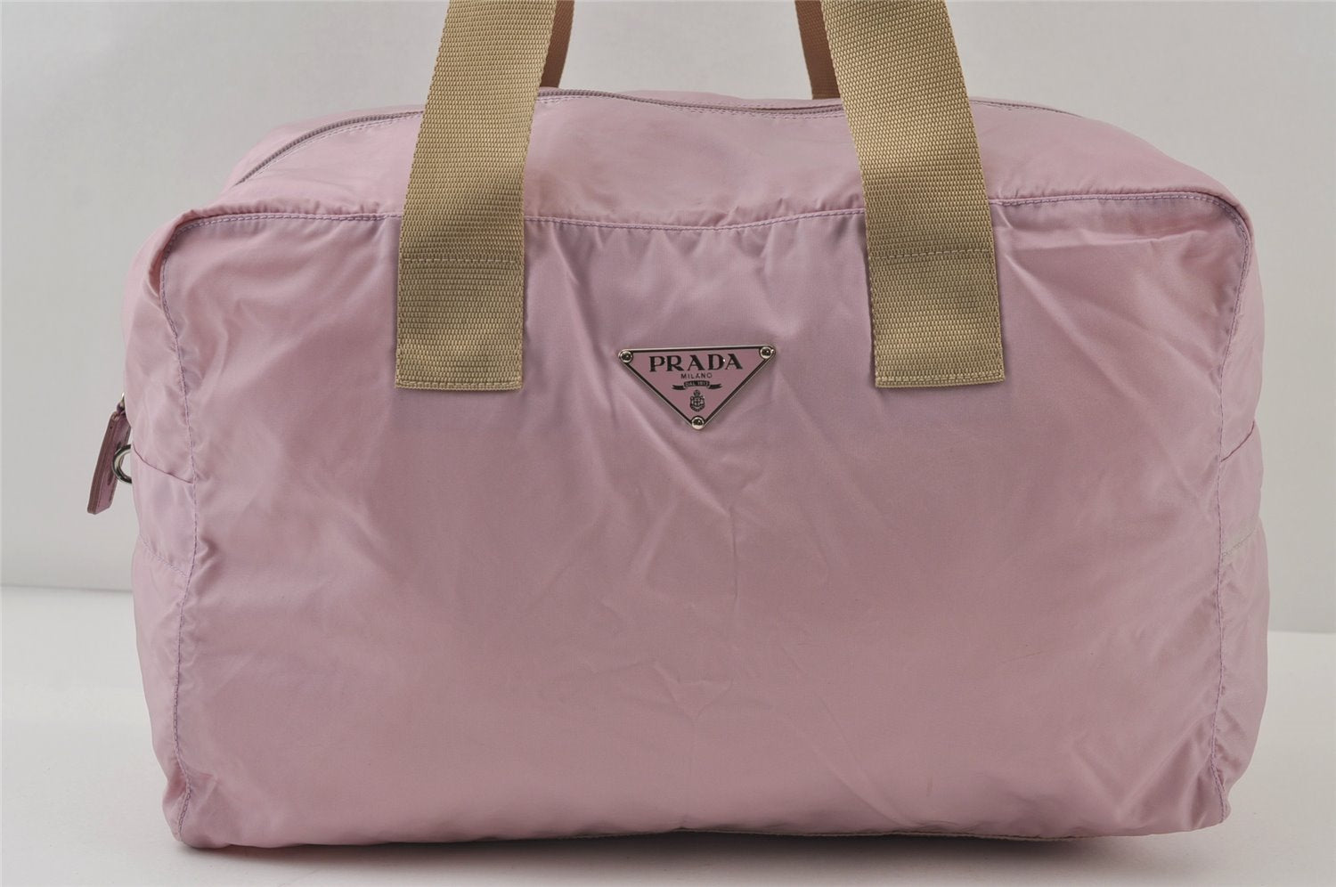 Authentic PRADA Vintage Nylon Tessuto Leather Travel Boston Bag Pink 0637J