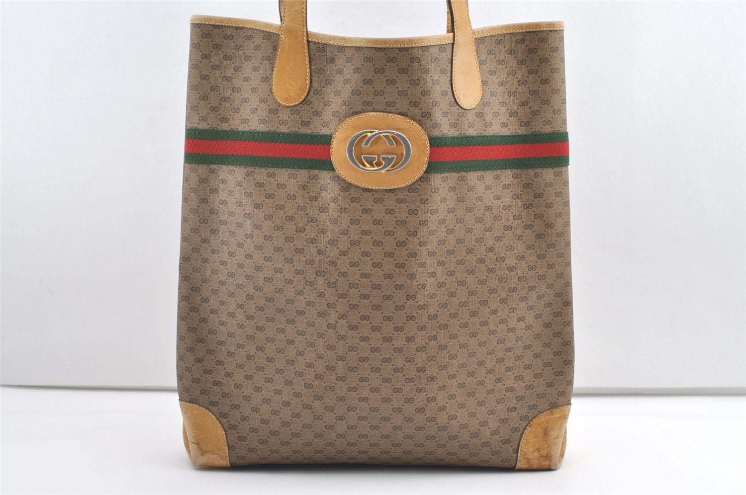 Authentic GUCCI Web Sherry Line Micro GG PVC Leather Tote Bag Brown 0638K