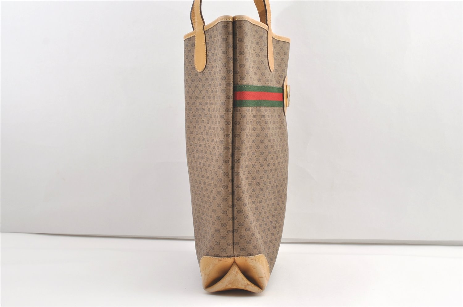 Authentic GUCCI Web Sherry Line Micro GG PVC Leather Tote Bag Brown 0638K