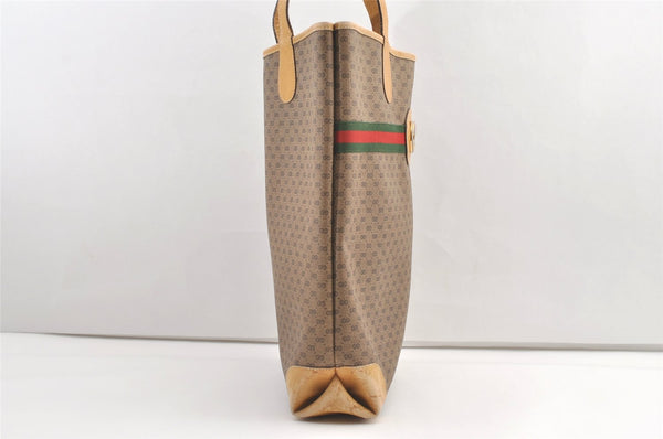 Authentic GUCCI Web Sherry Line Micro GG PVC Leather Tote Bag Brown 0638K
