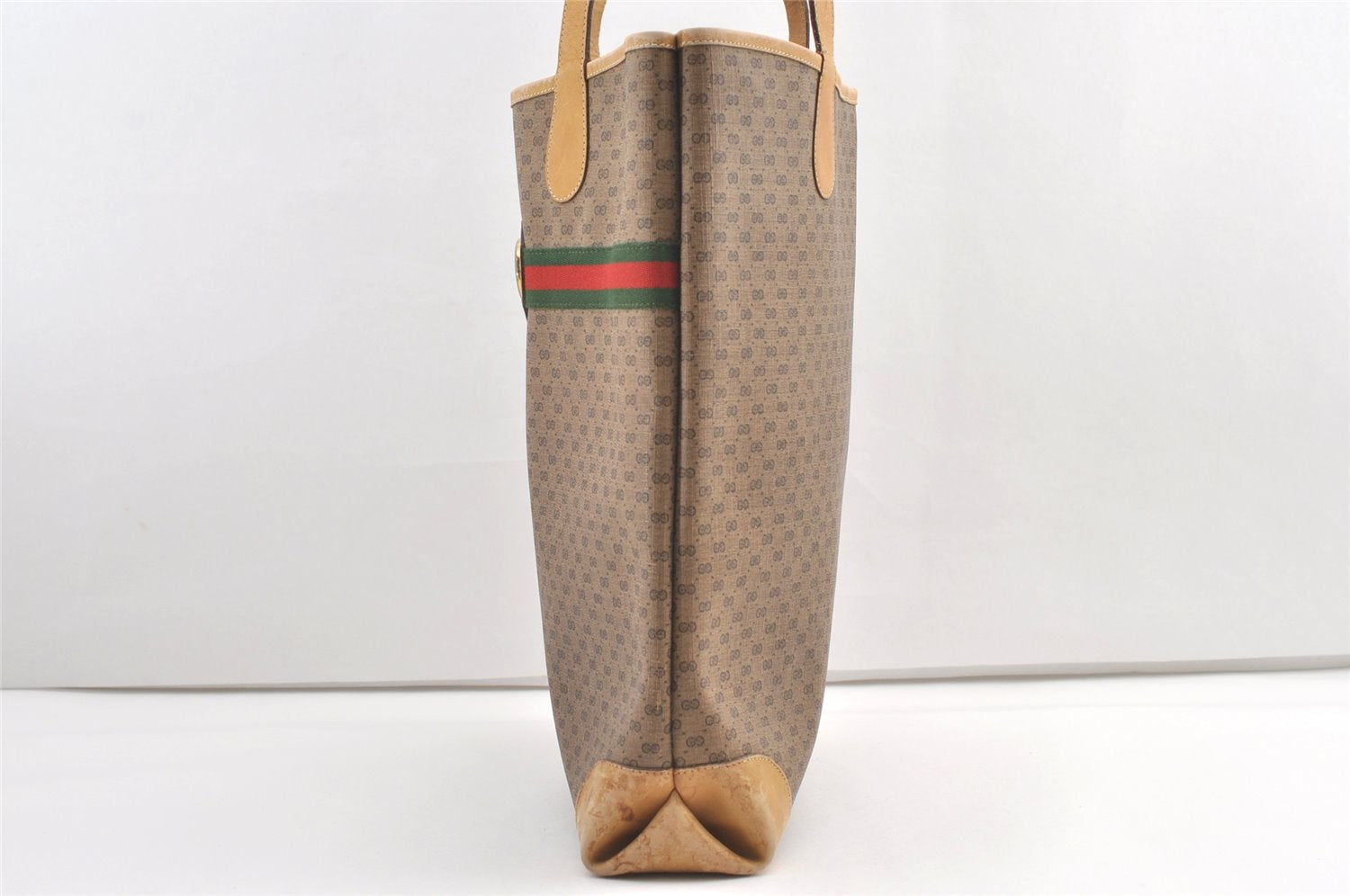 Authentic GUCCI Web Sherry Line Micro GG PVC Leather Tote Bag Brown 0638K