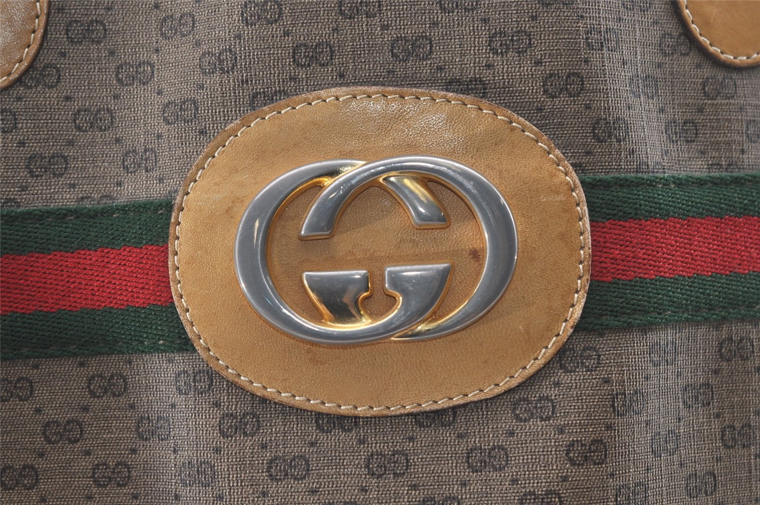 Authentic GUCCI Web Sherry Line Micro GG PVC Leather Tote Bag Brown 0638K