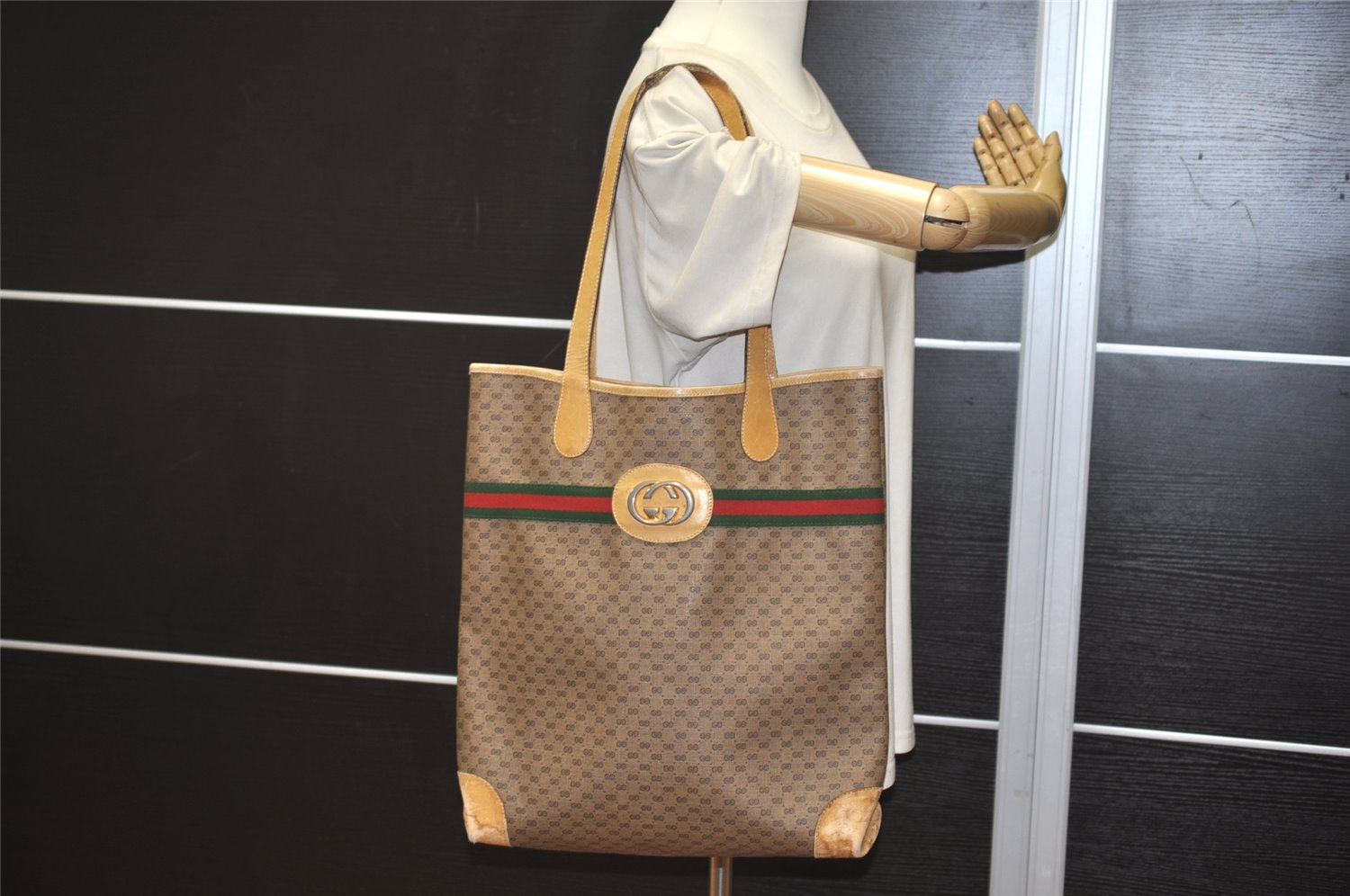 Authentic GUCCI Web Sherry Line Micro GG PVC Leather Tote Bag Brown 0638K