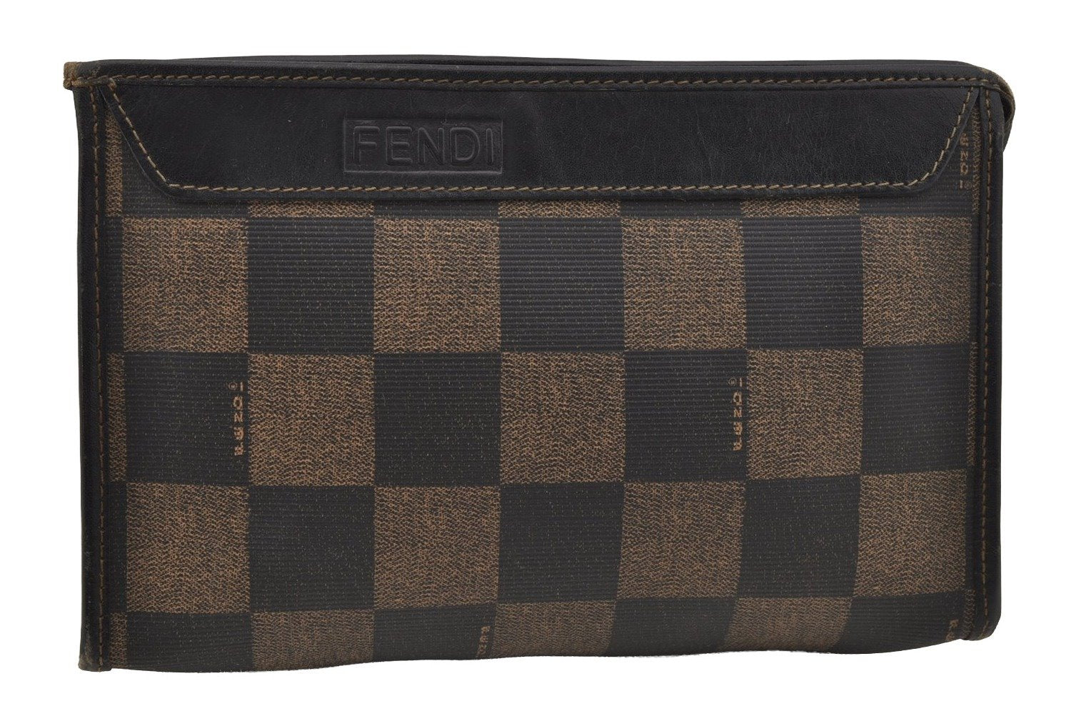 Authentic FENDI Pequin Check Clutch Hand Bag Purse PVC Leather Brown Black 0639J