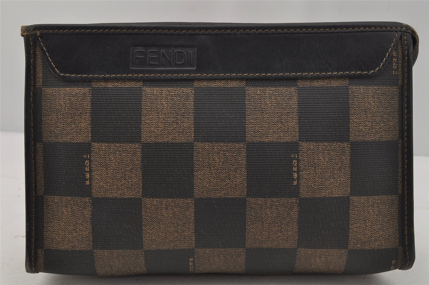 Authentic FENDI Pequin Check Clutch Hand Bag Purse PVC Leather Brown Black 0639J