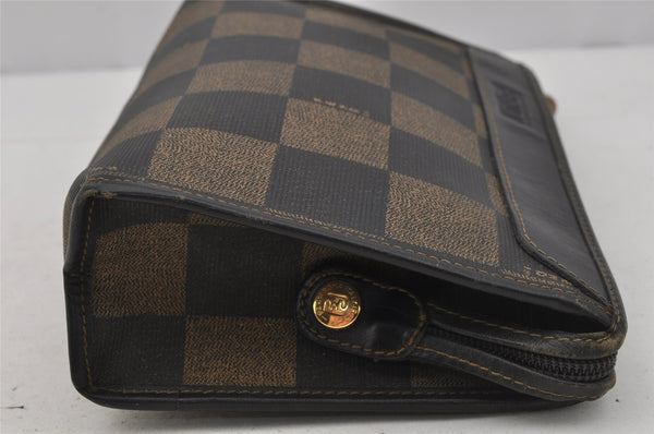 Authentic FENDI Pequin Check Clutch Hand Bag Purse PVC Leather Brown Black 0639J