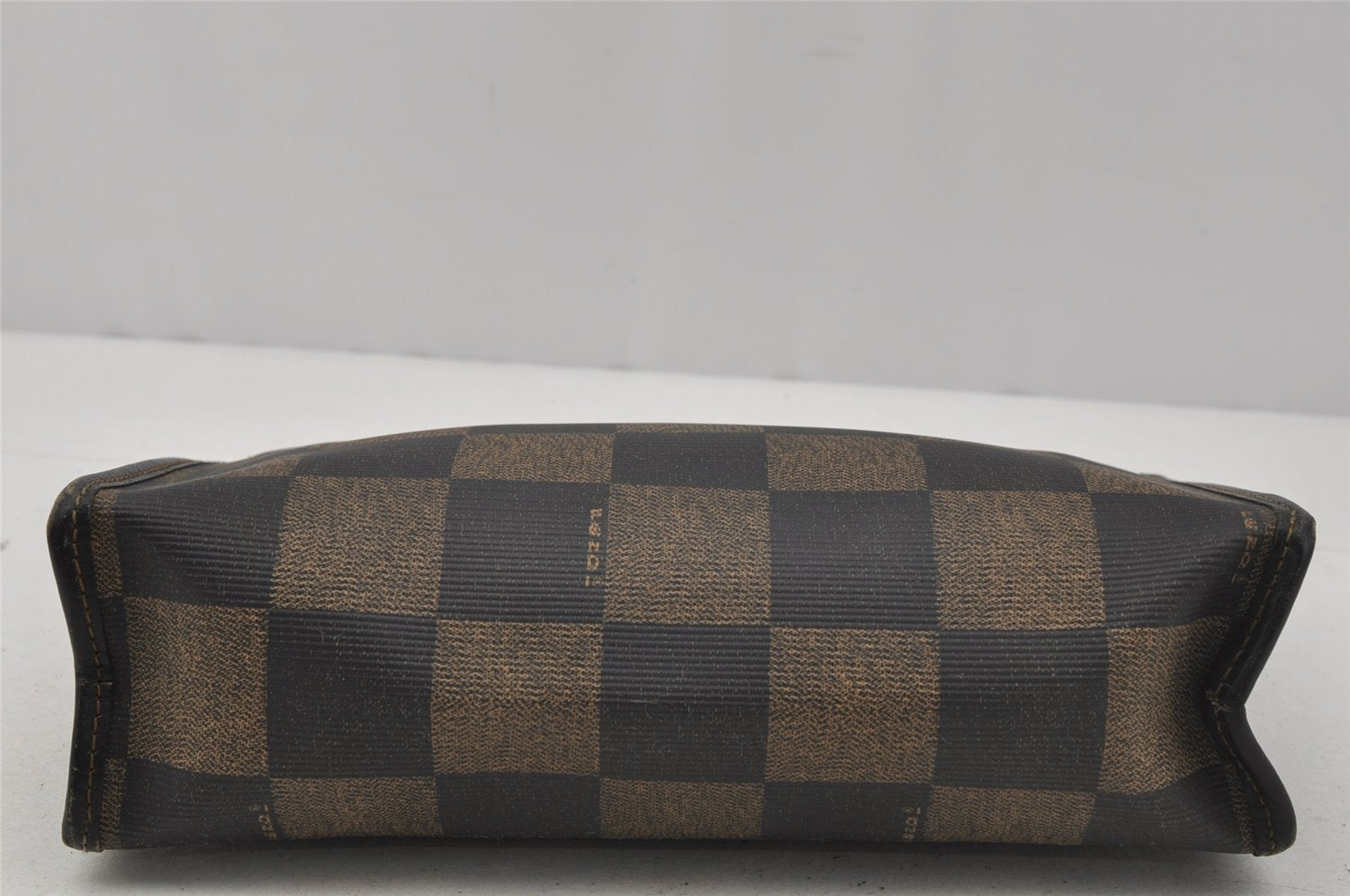 Authentic FENDI Pequin Check Clutch Hand Bag Purse PVC Leather Brown Black 0639J