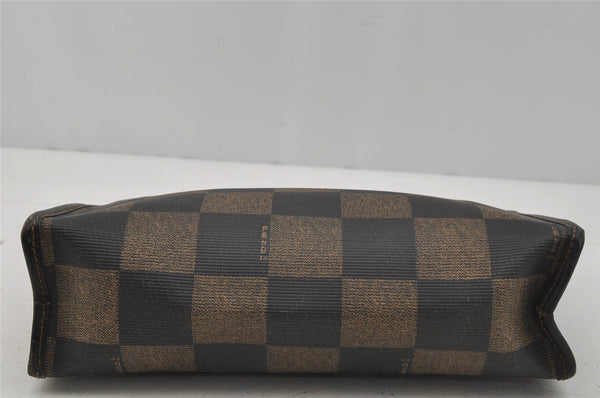 Authentic FENDI Pequin Check Clutch Hand Bag Purse PVC Leather Brown Black 0639J