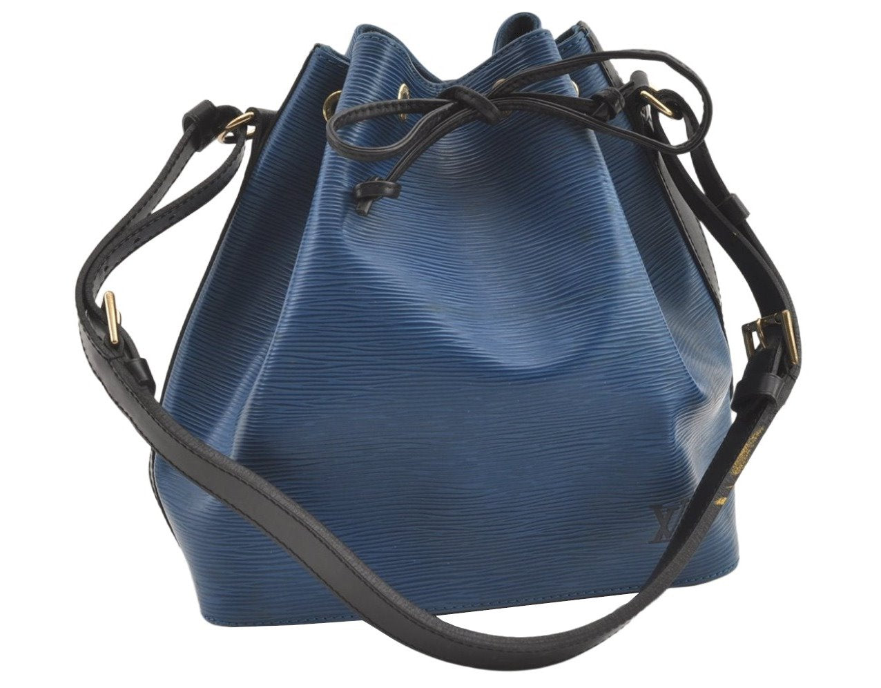 Authentic Louis Vuitton Epi Petit Noe Bi-color Blue x Black Drawstring Bag 0640K