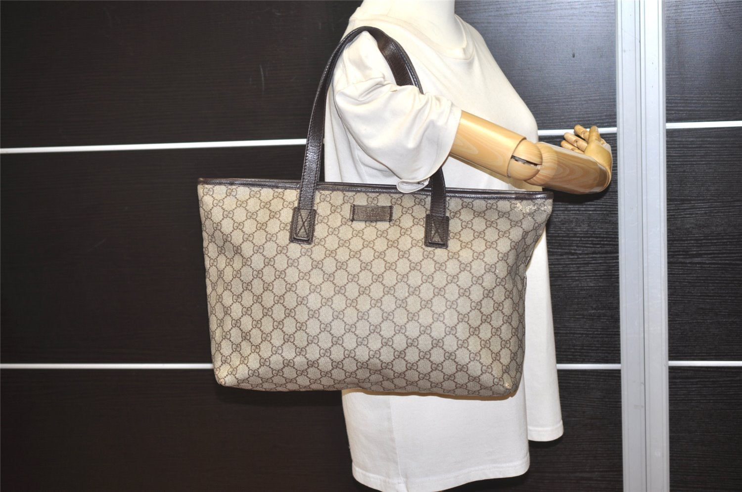 Authentic GUCCI Vintage Shoulder Tote Bag GG PVC Leather 181084 Brown 0641J