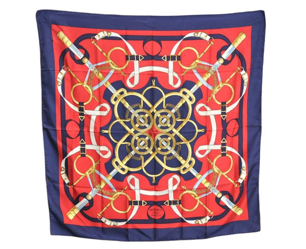 Authentic HERMES Carre 90 Scarf "Eperon d'or" Silk Navy Blue 0642J